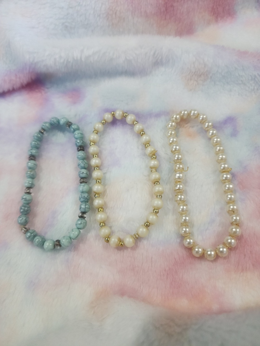 Set of Three Beaded Stretch Bracelets - Pearl & Aqua